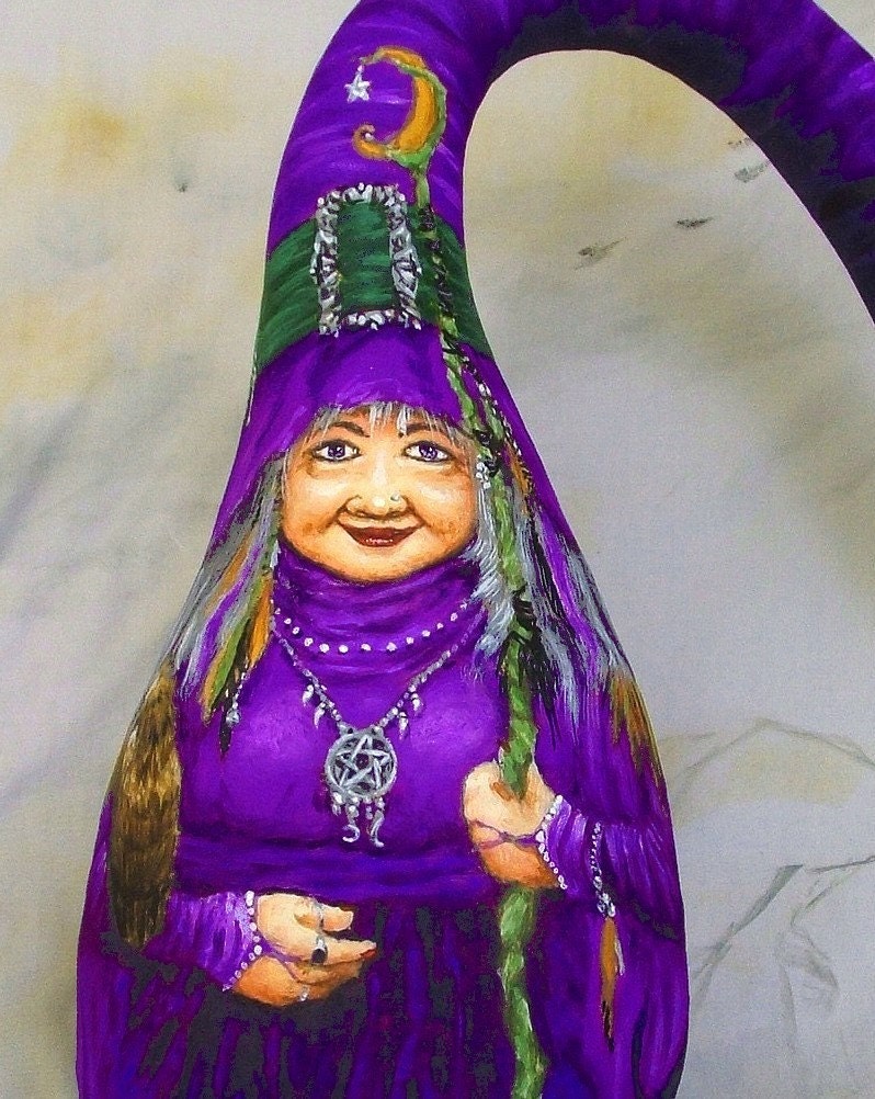 Lucindas Haunted Halloween, witch gourd, hand painted, 14 inches tall