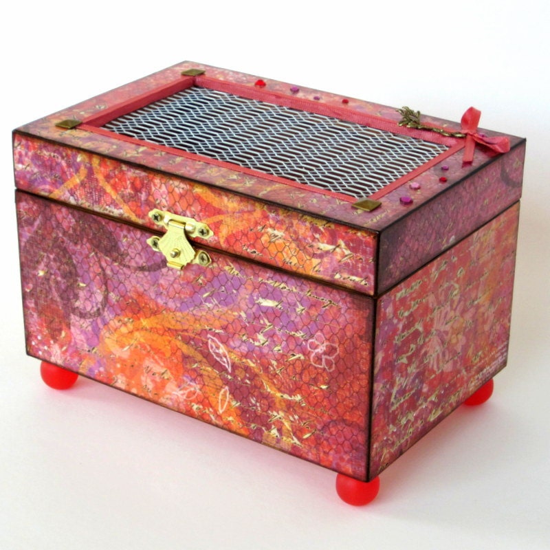 Jewelry Box Decoupaged Decorated Box Keepsake Box Trinket Box Multicolor Orange Pink Salmon