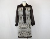 60s Embroidered Shift Dress - Sheer Brown Cotton Voile - small to medium