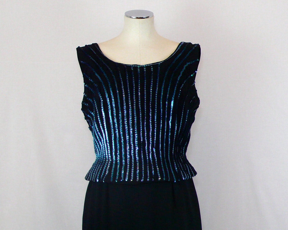 1950s Blue & Green Sequined Bodice Cocktail Dress - medium to large - FREE SHIP in US