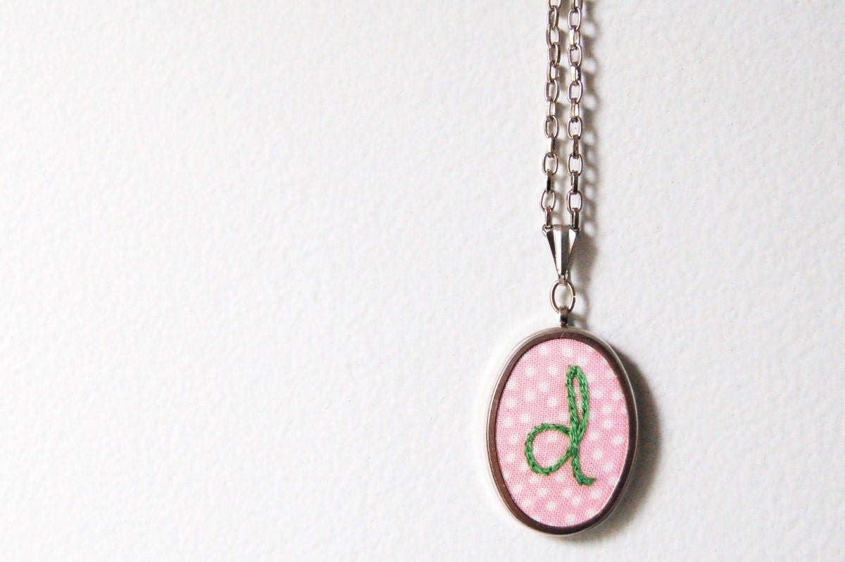Polka Dot Fabric Textile Initial Necklace. Hand Embroidered Monogram. Personalized Initial Jewelry.  by merriweathercouncil on Etsy.