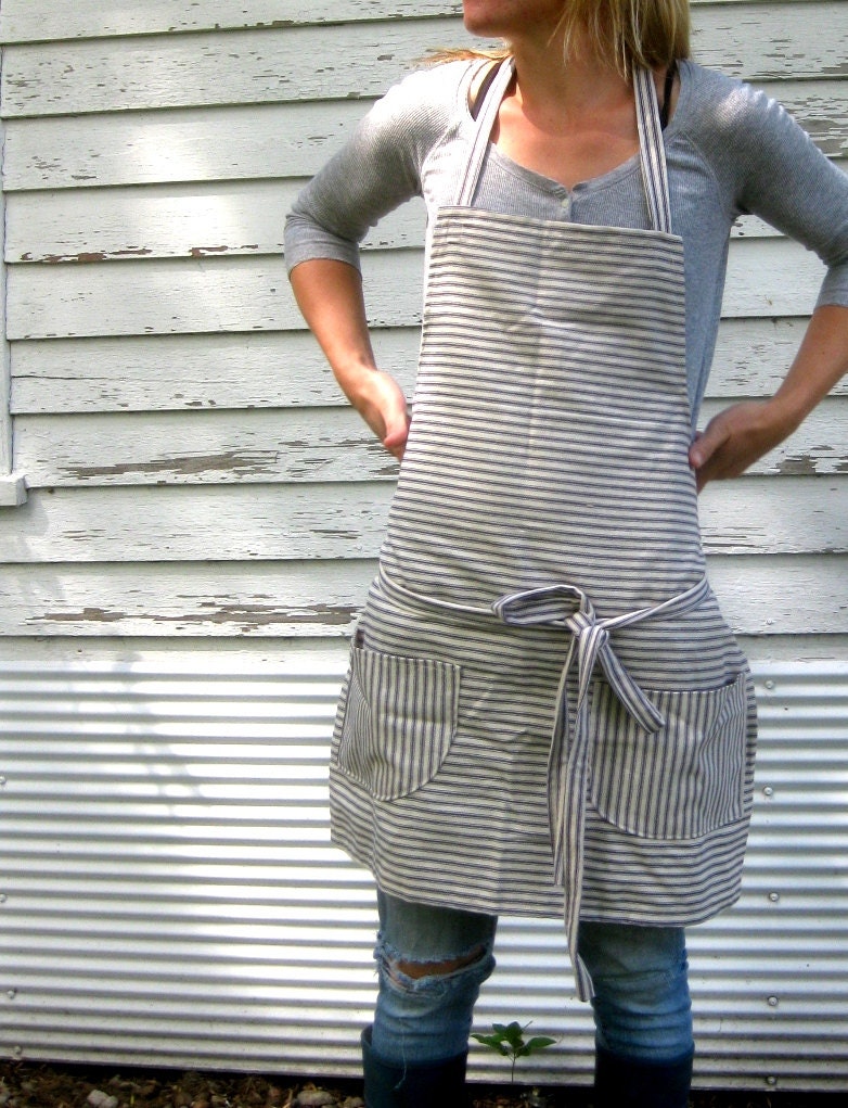 Rustic Full Kitchen Apron for Him or Her in Blue Pinstripe Ticking in The Blue and White