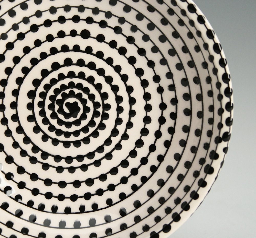 Vertigo Spiral and Dots Bowl Small Hand Painted Dinnerware Black and White