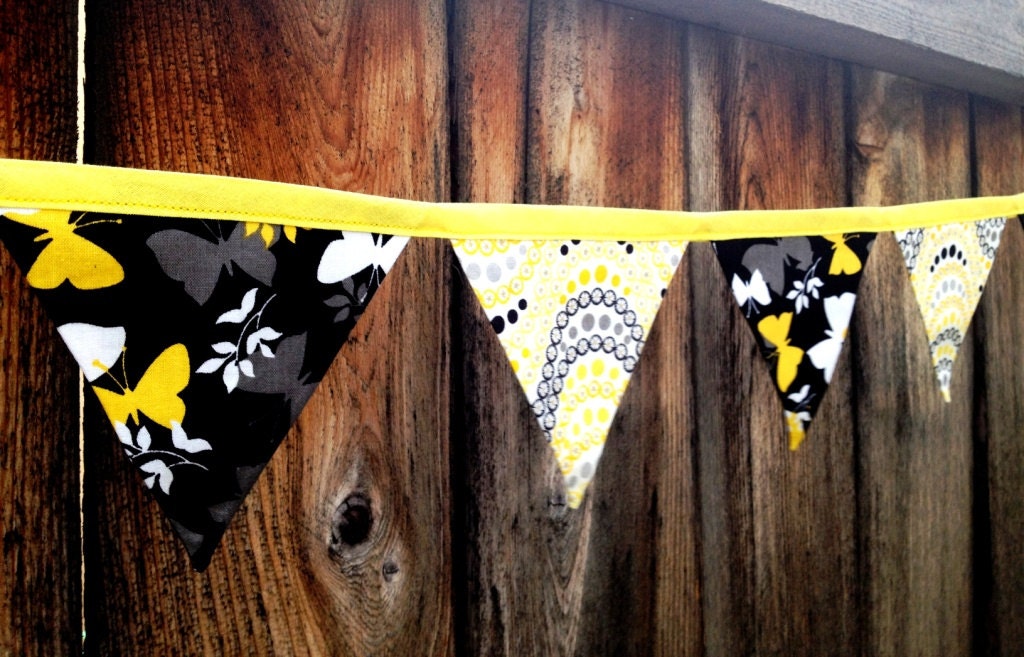 Yellow White and Grey Butterflies on Black and Swirl Dots Fabric Pennant Banner - Ready to Ship