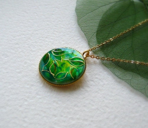 OOAK Autumn jewelry -Green Leaves Gold Necklace - painted by hand pendant - green fashion - nature inspired unique jewelry