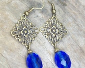 Clear Waters Earrings - blue faceted glass, antique brass filigree, dangle SALE