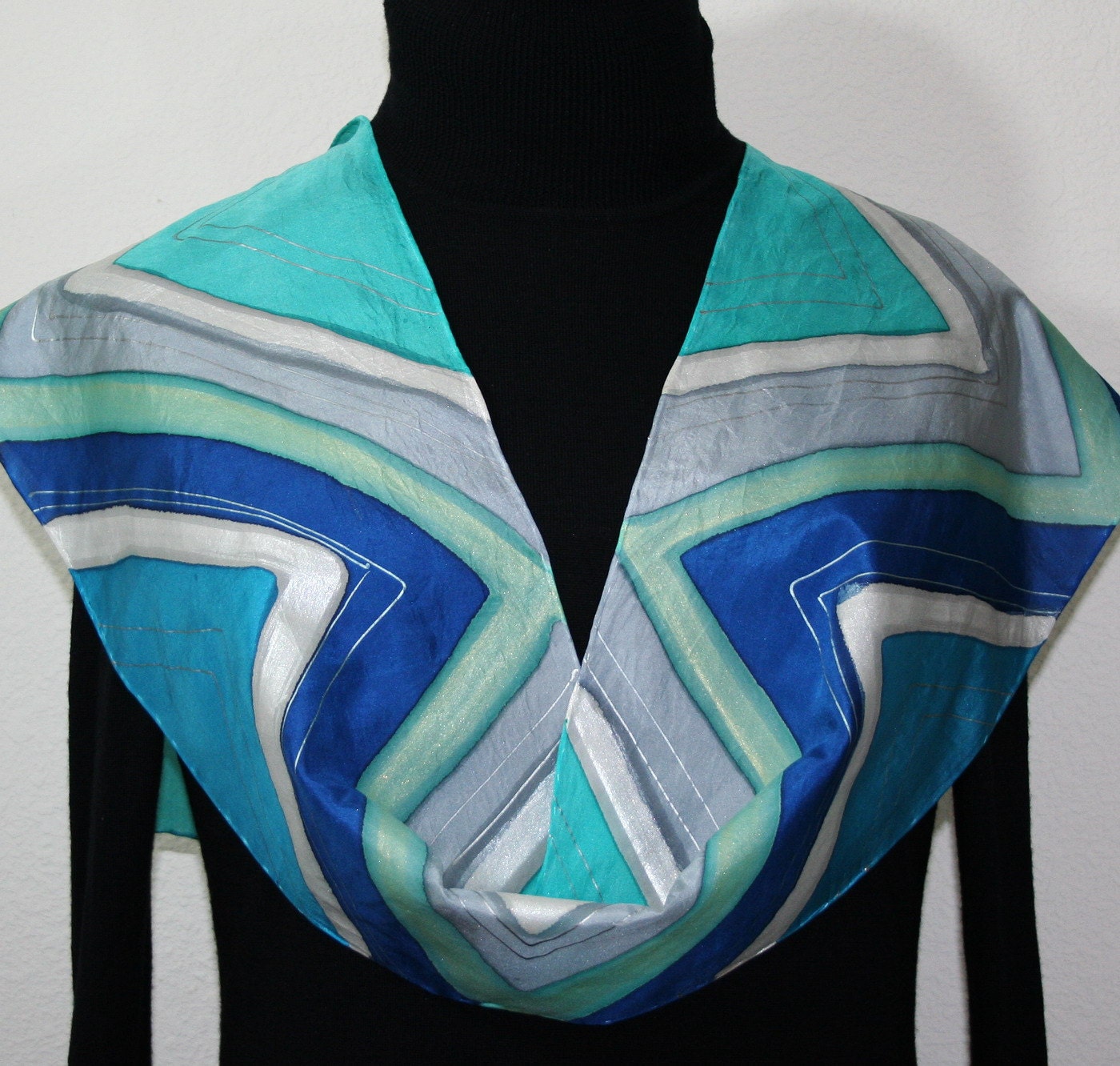 Hand Painted Silk Scarf Perfect Skies. Silk Scarf in Teal, Turquoise, Gray. Size 8x52. Silk Scarves Colorado. 100% silk. Made to Order