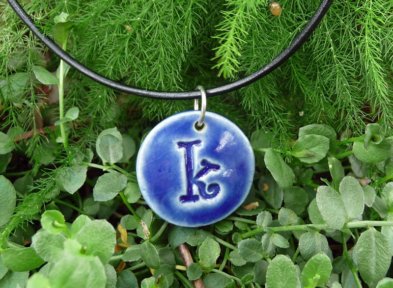 Letter Pendant & Cord Necklace - Kiln-Fired Stoneware Clay - "k" - Royal Blue