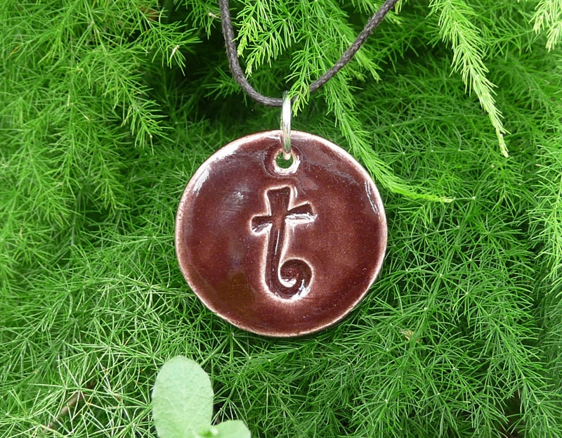 Letter Pendant & Cord Necklace - Kiln-Fired Stoneware Clay - "t" - Chocolate Brown