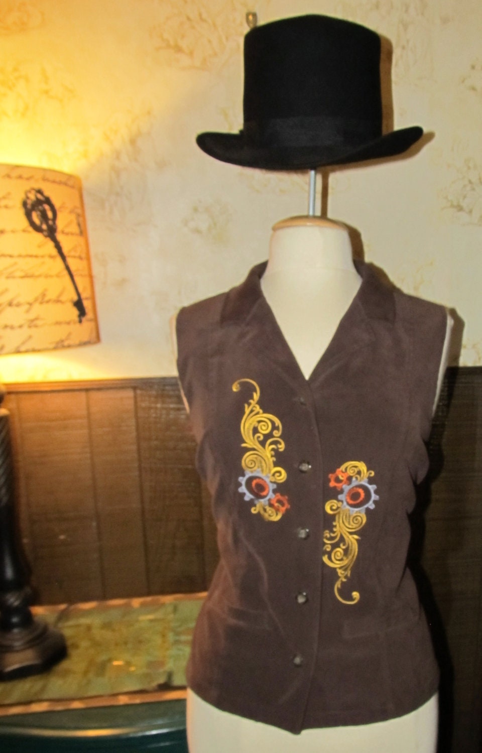 Womens M Brown Microsuede Steampunk Vest with embroidered Gears and swirls