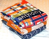 Personalized Burp Cloths - Baby Boy Navy Blue and Orange Madras Plaid