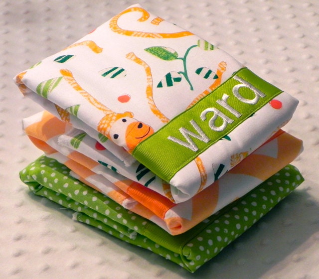 Personalized Burp Cloths - Baby Boy Lime Green and Orange Funky Monkey Chevron and Polka Dots