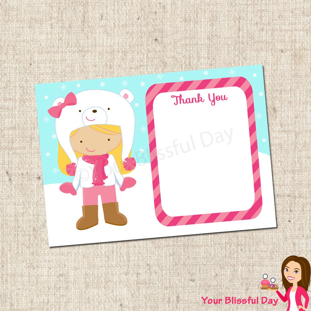 PRINTABLE Girl Winter Fun Thank You Cards (Character of your choice) Il_570xn