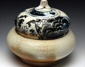 Jar, with lid porcelain, shino with black flower decals, woodfired
