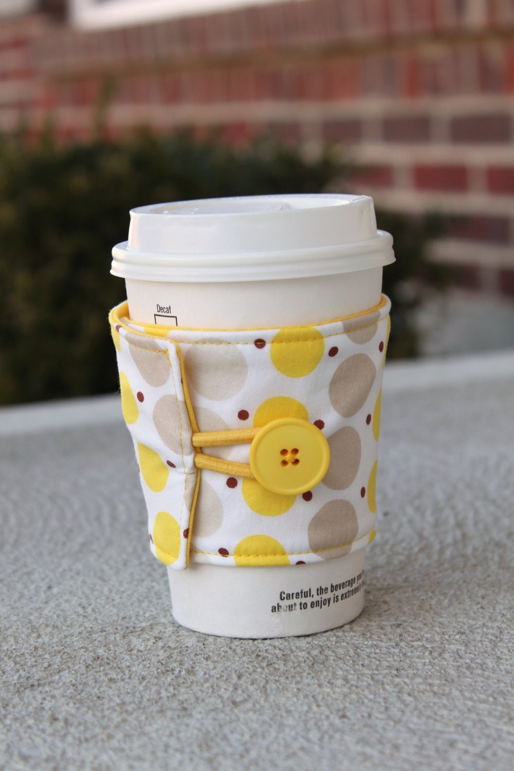 Reusable Coffee Cup Cozy / Sleeve - Yellow and Tan Polka Dots - Katie Jump Rope by Denyse Schmidt