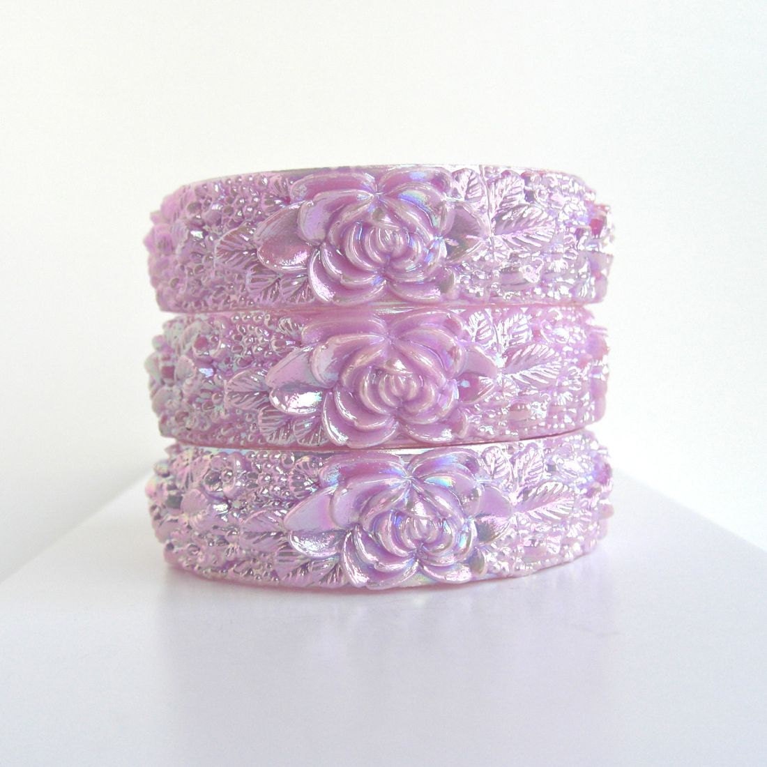 3 Vintage PINK Aurora Borealis Flower Bangle Bracelet