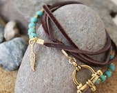 Exquisite beautiful bohemian Brown deerskin Leather &gold Feather charm wrap bracelet/Free people style/Native/southwestern/versatile piece