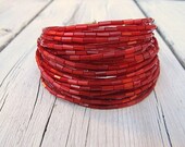 Layered Bead Necklace/ Wrap Bracelet, Multi Strand Bugle Beads in Coral with Antique Brass