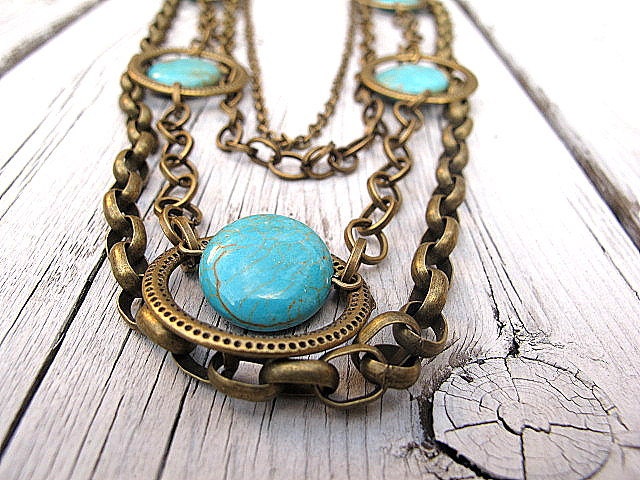 Long Layered Necklace, Turquoise Disks with Antique Brass Chain