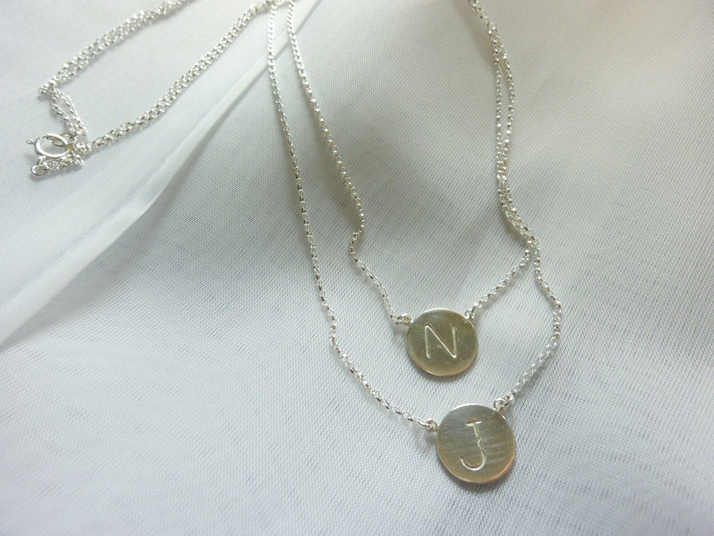 double initial necklace-layered initial necklace-high polished disc-initial disc necklace-initial charm necklace-double chain