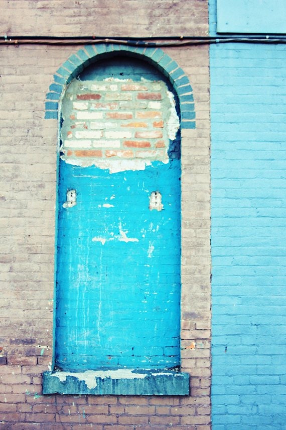 Landscape Photography - 8x10 industrial landscape photography windows door photography teal aqua brick paint city