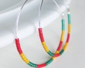 Colorful striped Earrings. Bright Hoops. Miyuke beads. Traffic Light Jewelry. Red Yellow Green. Bright Caribbean colors. African Jewelry.