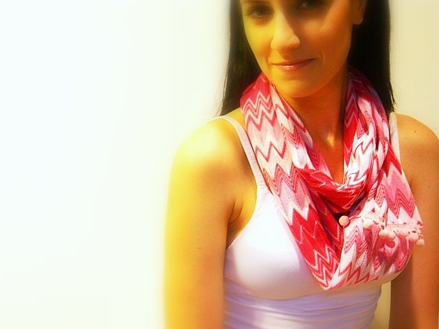 50% off - Infinity Scarf, Chevron Cowl, Pink, White Fabric, Pink PomPom Trim