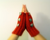 Red Knitted Mittens, Valentine's Vegan Hand warmers, Fingerless Gloves, Silver Metal Heart Buttons - JustColor