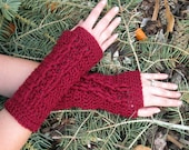 extra soft  wine colored fingerless gloves with cable decoration