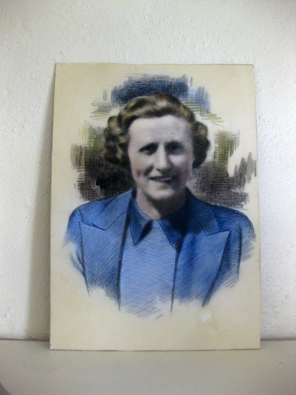 Not Margaret Thatcher - Vintage 1930's Hand Painted Portrait of Woman in Blue