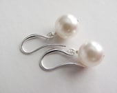 Silver Dainty White Round Pearl Simple Everyday Dangle Earrings- classic bridal bridesmaids jewelry, also available in gold