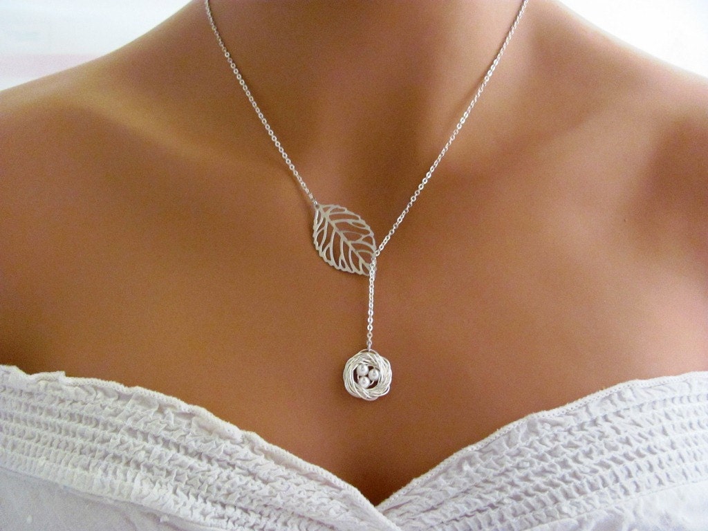 Personalized Silver Bird Nest and Delicate Leaf Lariat Necklace- sterling silver filled, mom, baby shower gifts, available in gold