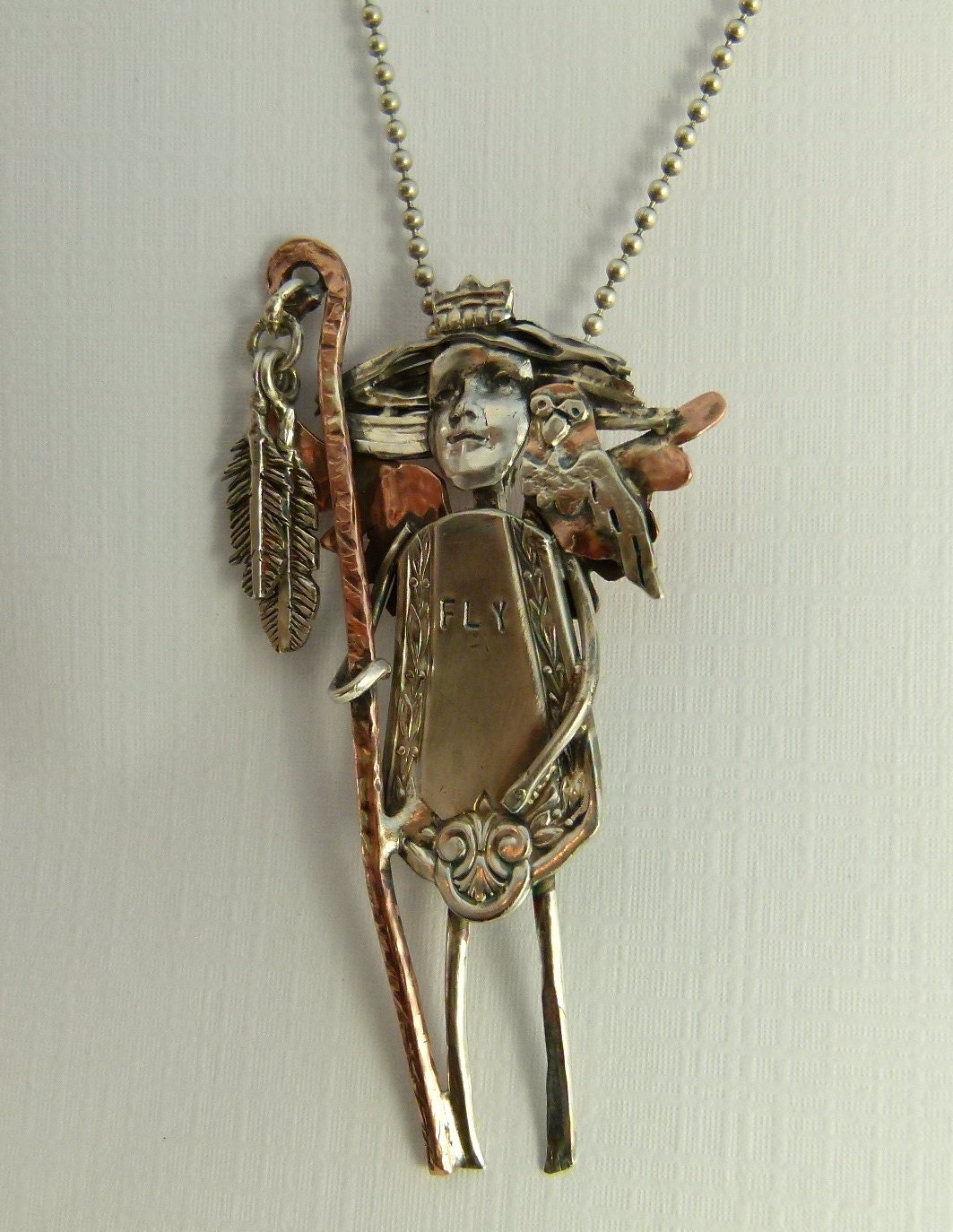 Angel Spruce Is On A Journey - Repurposed Sterling, Silverware, Copper, And PMC - Art Jewelry Pendant -826