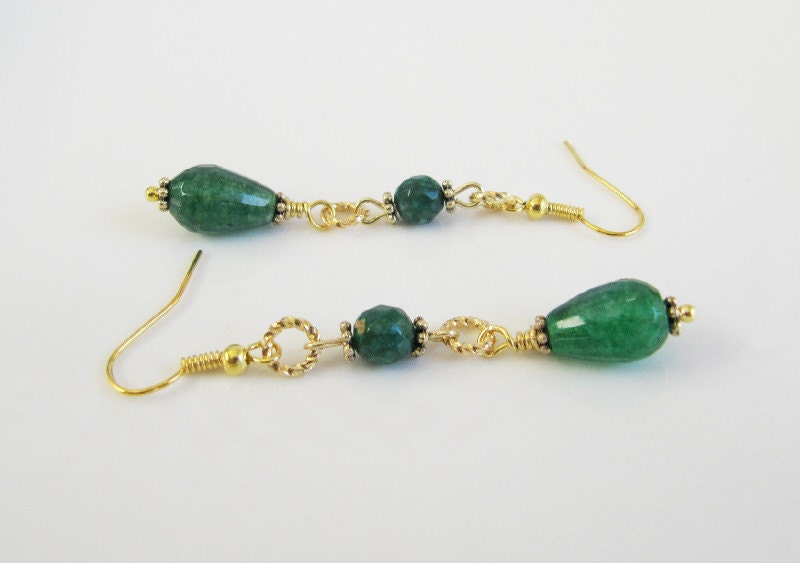 Emerald green earrings, jewelry, dangle earrings, drop earrings, gift for her, gold plated, long earrings