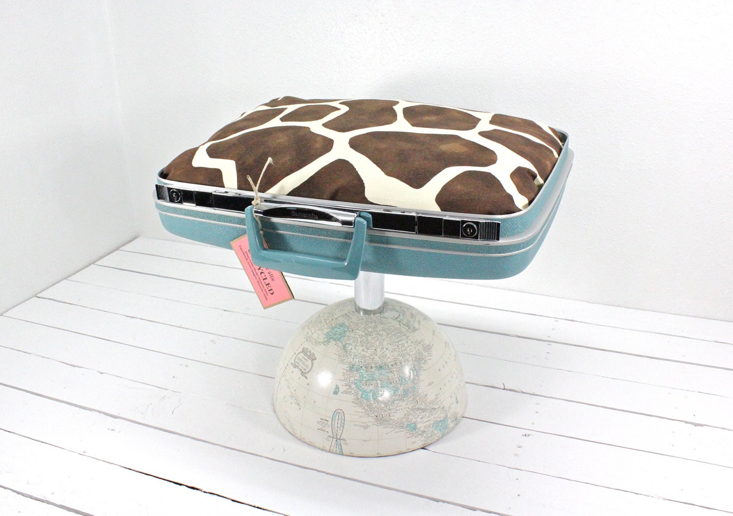 Upcycled Suitcase Pet Bed with Globe Pedestal Base