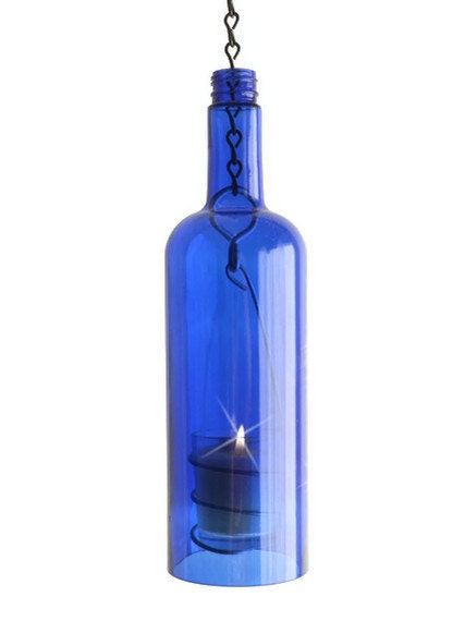 Blue Glass Skyy Vodka Bottle Candle Holder Hanging Hurricane Lantern