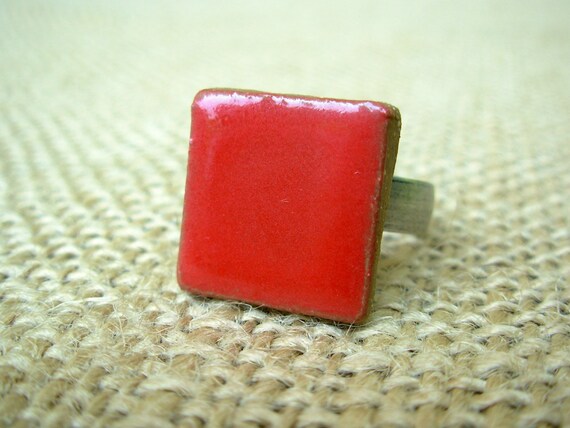 Adjustable Square Pottery Ring Coral Red by NSPottery on Etsy