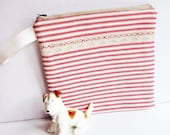 Cotton Zip Pouch, Red and White, Striped