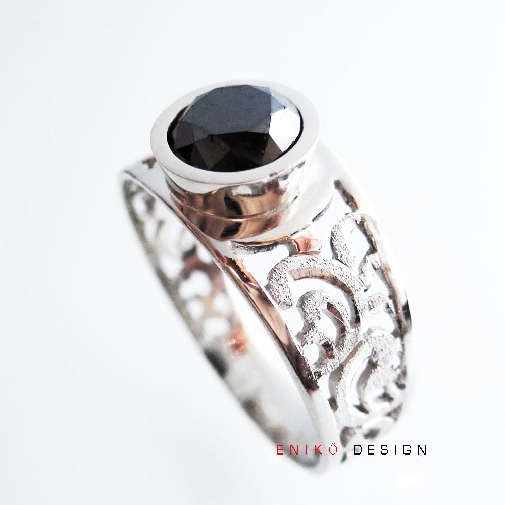 Black Diamond handmade alternative Engagement ring swirl lace filigree 14k white gold - Made to Order in your size