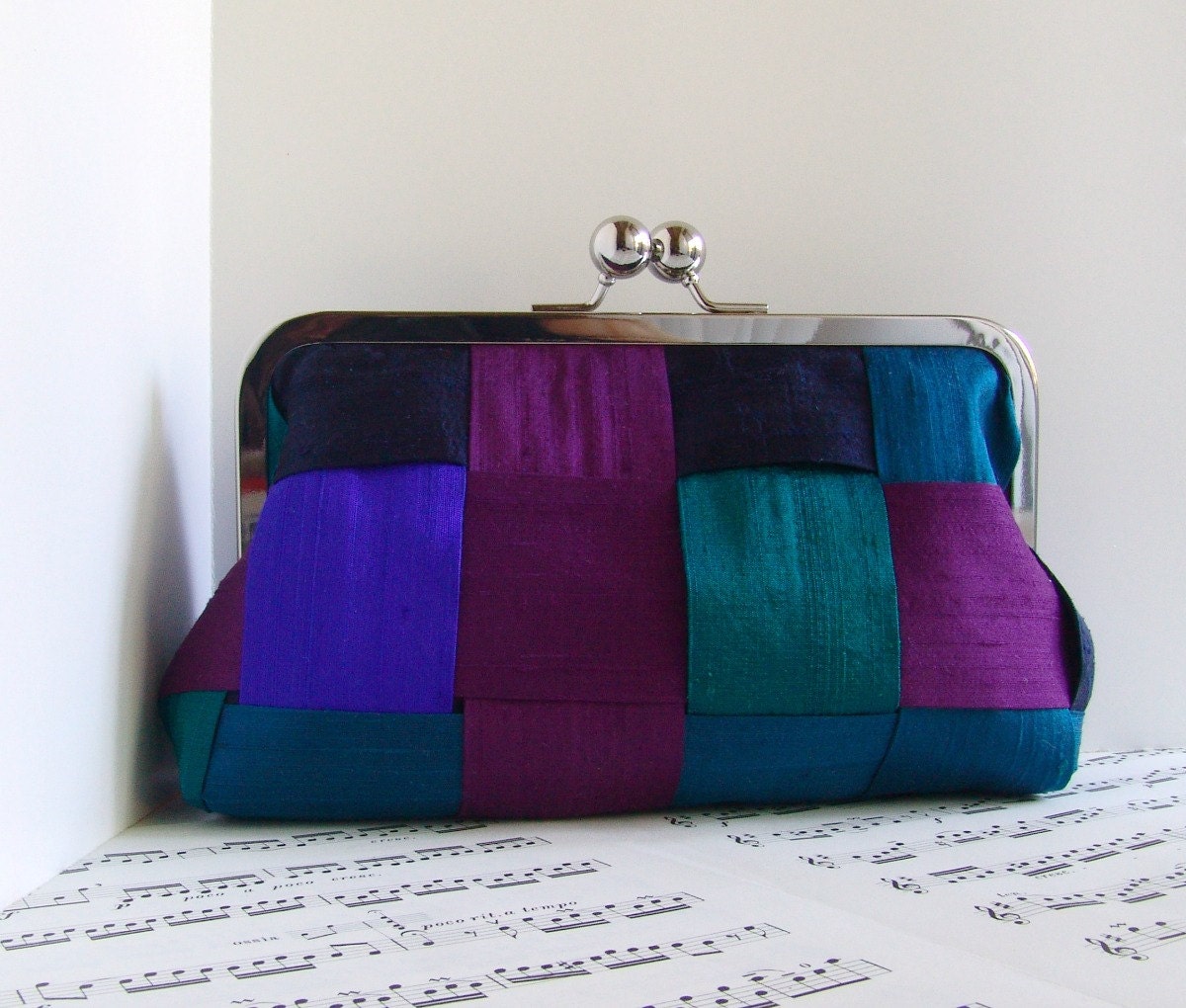 Peacock clutch purse, silk clutch bag in frame, blue, teal, purple, Peacock wedding.