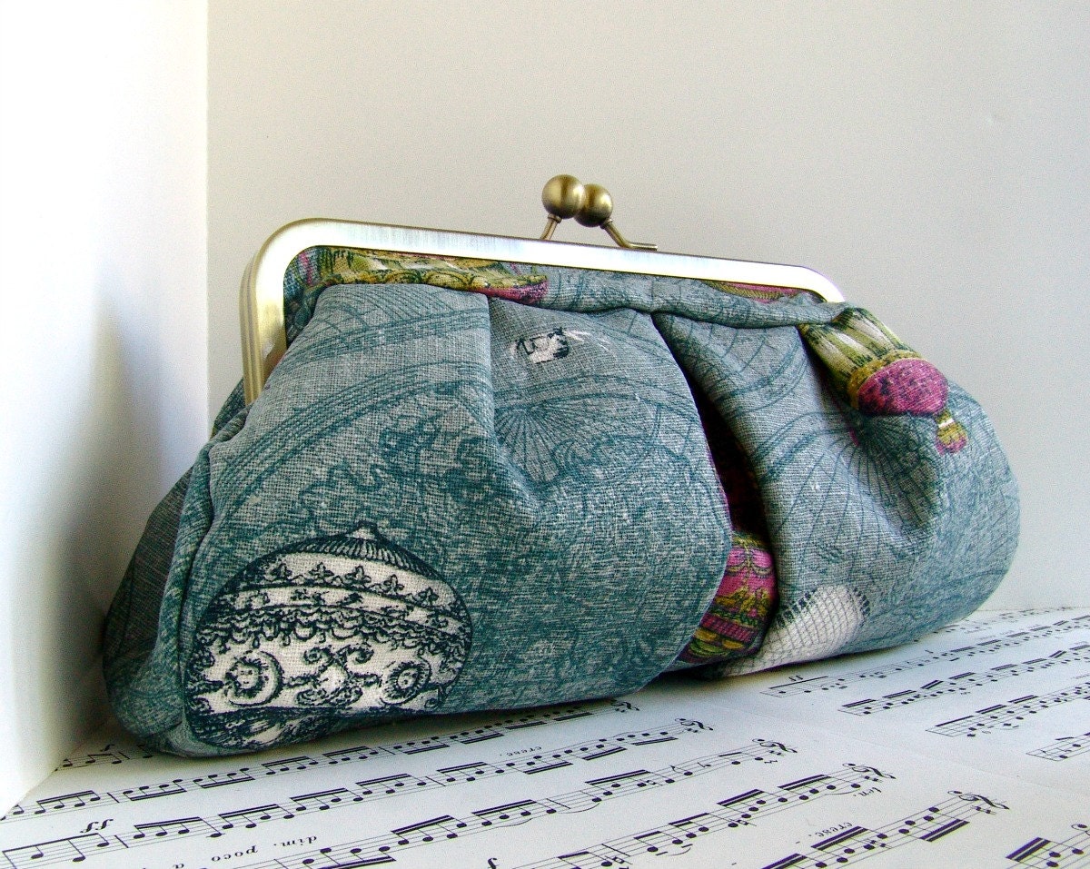 Dusty blue clutch purse, vintage hot air balloons, OOAK,