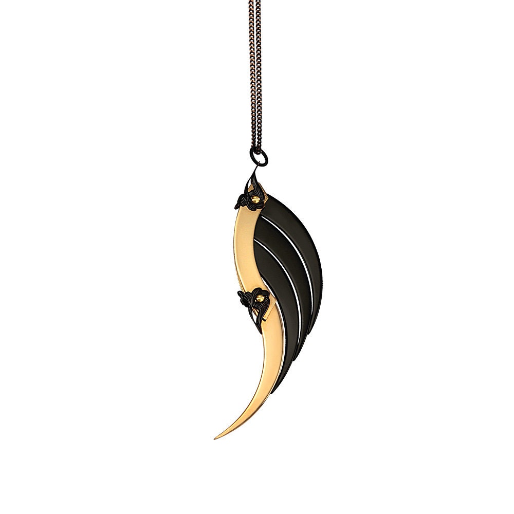 Statement Necklace Blade Wing - Neo Victorian Gothic Jewelry - 24K Gold Plated - Antiqued Black Filigrees and Industrial Screws