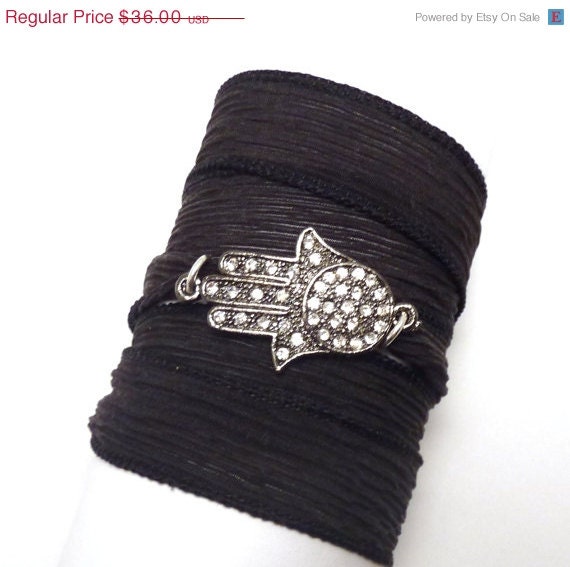 Silk Wrap Bracelet with Hamsa Connector,  yoga jewelry, wrapped wrapping bracelet, wrap around,wrist wrap