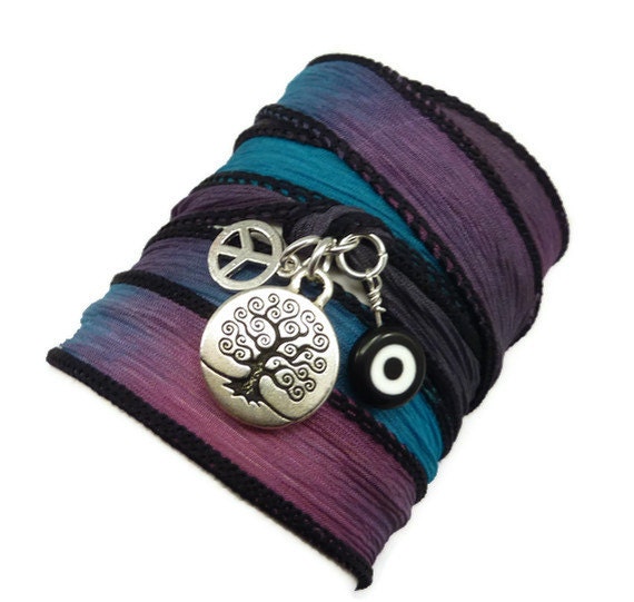 Silk Wrap Bracelet with Tree Of Life, Peace Sign, and Evil Eye,yoga jewelry,silk ribbon bracelet, wrap around,wrist wrap