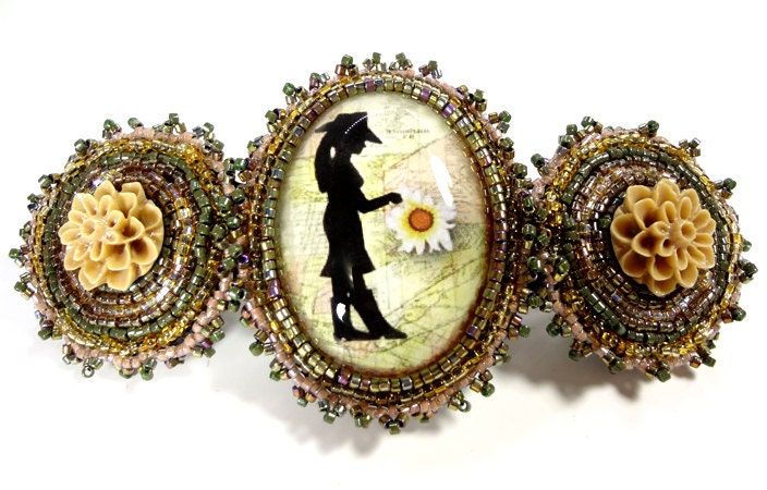 Sweet Country Western Cowgirl Large Beaded Barrette in Green and Browns - MegansBeadedDesigns