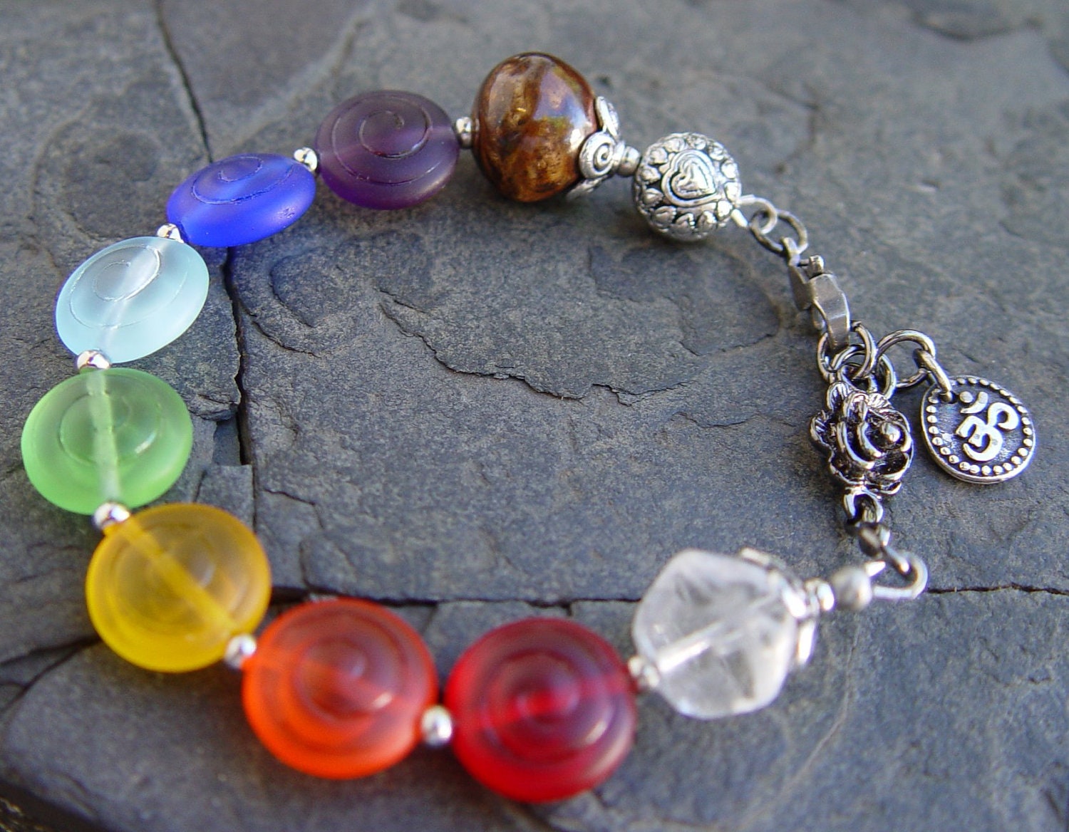 Meditation III -- Om Chakra Czech Glass, Porcelain Beads Pewter Om Charm Handmade Bracelet Yoga
