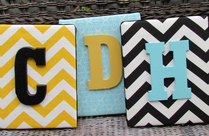 Wall Letters, 8x10,Chevron Letters, Aqua Ikat, Turquoise, Black Chevon, Painted Letters, Wood Letters, Personalized, Monogram