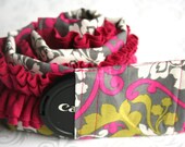 Ruffled Camera Strap Cover Padded with Lens Cap Pocket - Green and Pink Damask with Pink Ruffle- MADE TO ORDER