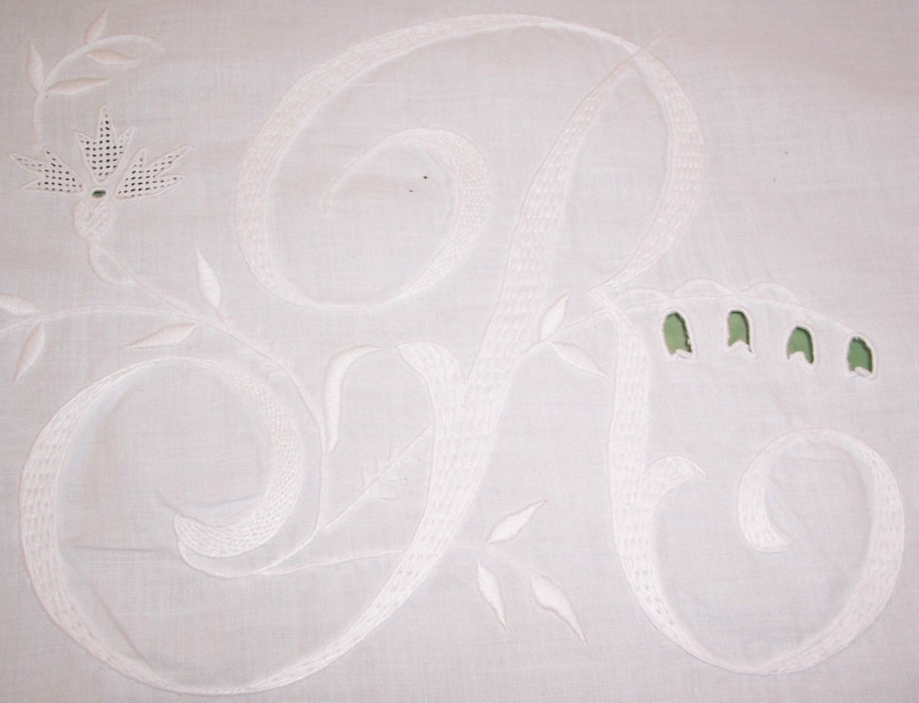 ANTIQUE Whitework Linen "C, R" Monogram/Floral Silk Embroidery & Cutwork PILLOW Sham/Cover