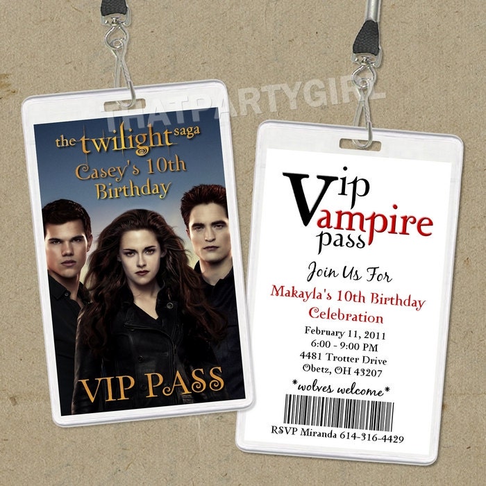 Twilight Breaking Dawn 2 VIP PASS Birthday Party Invitations Digital U Print